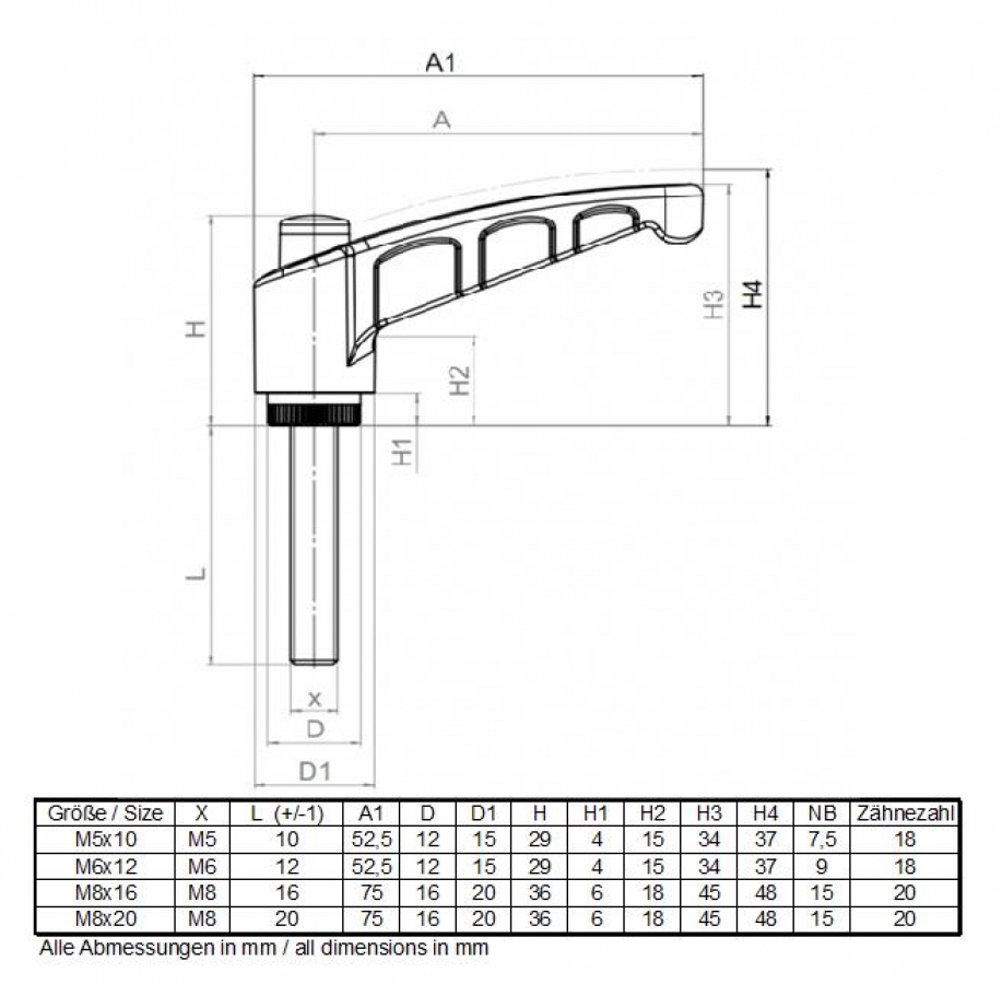 Leva di bloccaggio con filettatura esterna M8x20 in plastica e acciaio